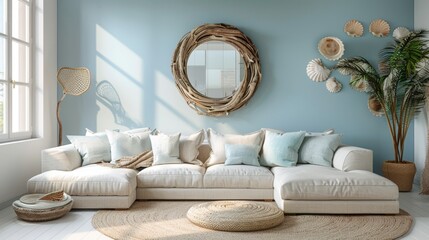 Canvas Print - beach house interior, a beach house-inspired living room featuring light blue walls, a driftwood mirror, seashell decor, and a sandy beige sofa for a coastal feel