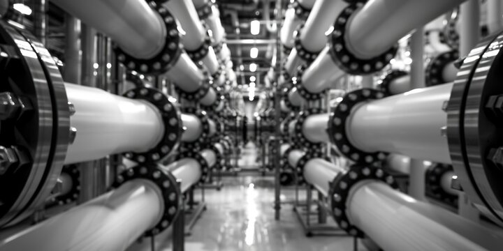 A black and white image of industrial pipe installation in a factory setting