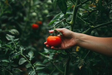 Wall Mural - A person delicately holds a ripe red tomato in their hand against a lush green backdrop