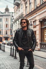 Wall Mural - A man wearing a black leather jacket and matching pants, suitable for street fashion or urban lifestyle scenes