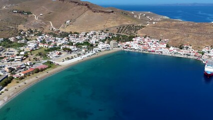 Wall Mural - Aerial view of the beach and village Korissia, Tzia - Kea island, Greece, main port of the island for tourists
