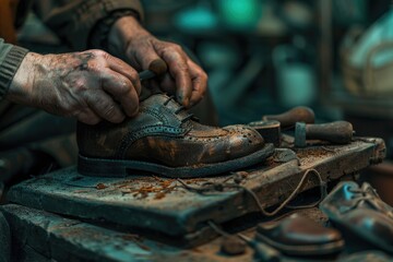 Poster - A close-up shot of a person repairing a shoe