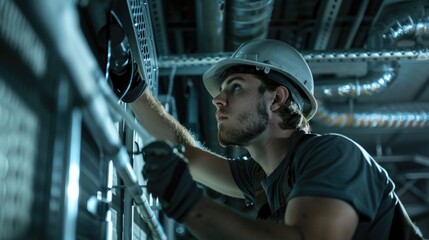 Poster - A person wearing a hard hat and safety gear works on a machine, possibly in an industrial setting