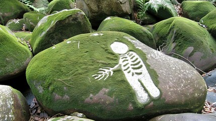 Sticker -   Rock featuring skeleton painting at center in grassy field of rocks