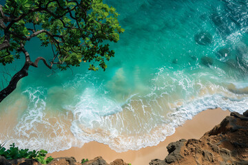 Wall Mural - Turquoise waves gently crash onto a sandy beach, viewed from above through lush green foliage.