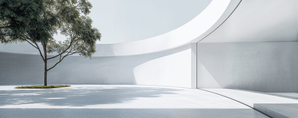 Empty minimal abstract architecture building interior or exterior concrete design with open space floor courtyard white showcase area and curved walls museum plaza, display showroom mockup environment