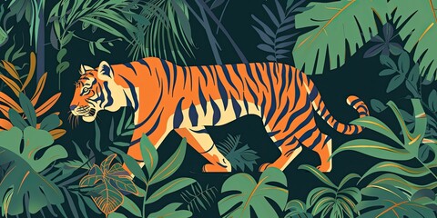 Wall Mural - Illustrated Tiger in Lush Foliage