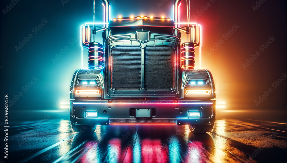 Futuristic Semi-Truck Illuminated With Neon Lights On A Wet Road At ...