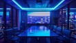 © JP STUDIO LAB - Business meeting room with a large screen, ambient blue lighting, and a cityscape view, showcasing a modern and professional setting. Perfect for corporate and tech-related imagery