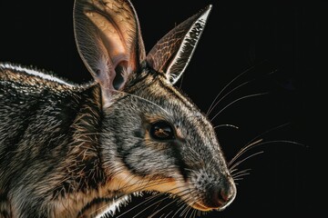 Wall Mural - A close-up view of a rabbit's head against a dark background