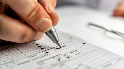 Doctor filling out medical survey paperwork and marking checkboxes, emphasizing the importance of accurate healthcare documentation. Perfect for medical and healthcare themes