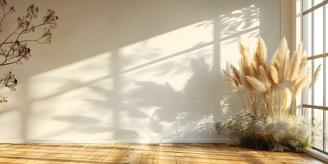 Wall Mural - Nordic-inspired living room mockup with an empty wall, hardwood floor, and dried plants. Concept Nordic Design, Interior Decor, Living Room Mockup, Empty Wall, Hardwood Floor, Dried Plants