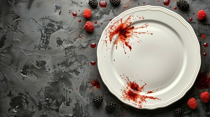 Sticker -   A white plate with red paint splatters, dotted with raspberries and blackberries