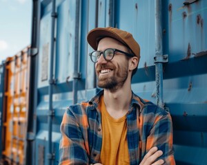 Poster - A man with glasses and a hat leaning against the side of some blue containers. Generative AI.