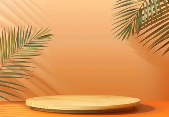 Abstract orange background with wooden podium and palm leaf for product presentation