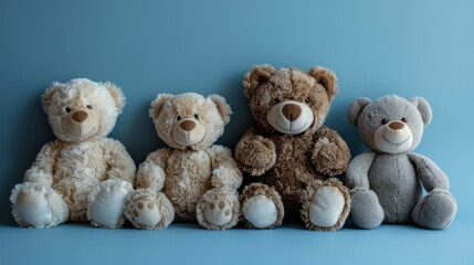 Canvas Print - A group of four toy teddy bears sitting side by side on a blue wall. Generative AI.