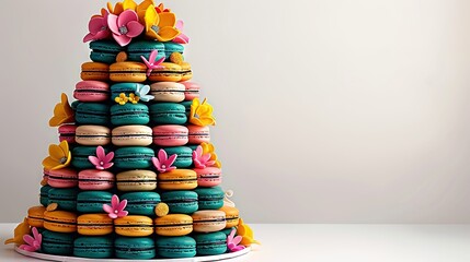 Poster -   A tower of colorful macaroons, adorned with flowers on top, is stacked atop one another