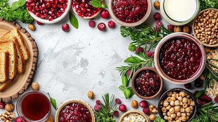 Sticker -  A table laden with bowls of food adjacent to a plate of crackers and a bowl of cranberry sauce