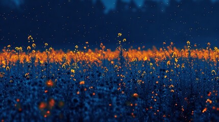 Sticker -   Yellow flowers fill the field, with a clear blue sky above and shining stars in the foreground