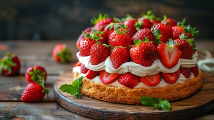 Poster - baking dessert recipe, a decadent strawberry shortcake topped with fresh berries on a charming wooden table, a delightful dessert for strawberry enthusiasts