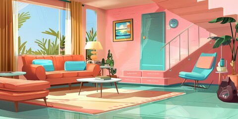 cartoon style animation, contemporary living room,