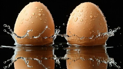 Poster -   Close-up of two eggs cracking with water splashing on a black background