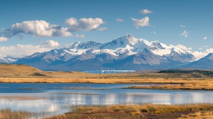 Wall Mural - The majestic Patagonian Andes mountain range with snowcapped peaks, the iconic tower in the background, a serene lake and vast plains below.