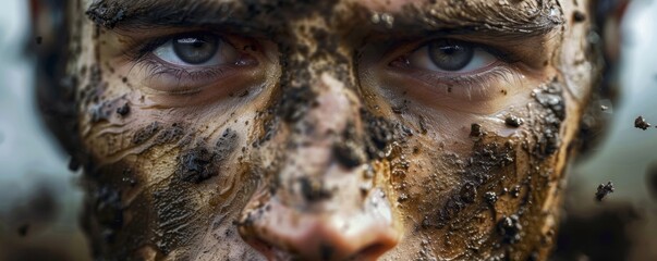 Portrait of dirty men training outside for army,  strong lifestyle banner. Generative Ai.