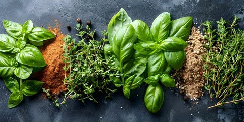 Wall Mural - Organic Herbs and Spices Arranged in Bunches on Isolated Background. Concept Herbs, Spices, Arrangement, Bunches, Isolated Background