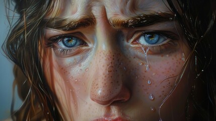Wall Mural - in art of A single perfect tear rolls down the cheek of a portrait painted in a hyperrealistic style 