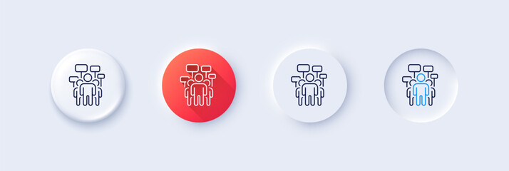 Wall Mural - Voting campaign line icon. Neumorphic, Red gradient, 3d pin buttons. People rally with signs. Public election symbol. Line icons. Neumorphic buttons with outline signs. Vector