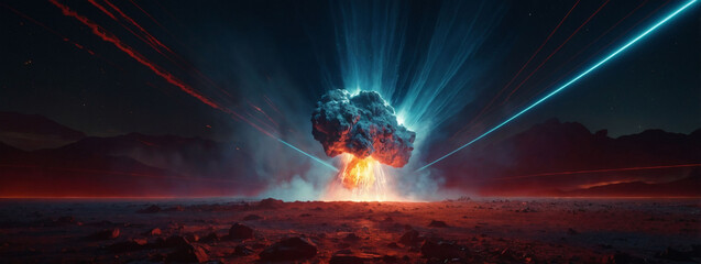 Surreal illustration capturing a comet explosion in a dark room with smoke, burning stone, laser beam, and red neon lighting.