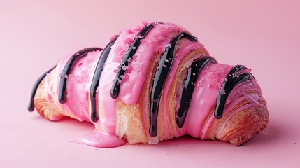 Sticker -  A donut with pink frosting and chocolate drizzle on a pink backdrop