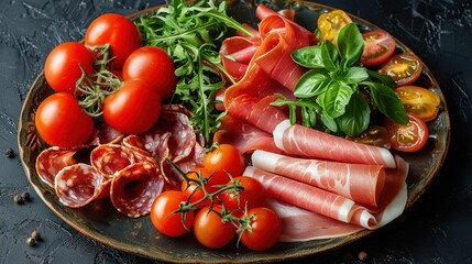 Sticker -   A black table with a cloth featuring a plate of meats, lettuce, and tomatoes