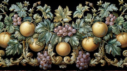 Wall Mural -  Oranges, Grapes, and Leaves on a Black Background with Green Leaves and a Gold Border