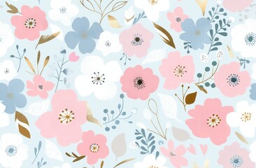 Flat design of pastel pink, baby blue and white floral pattern with small gold accents