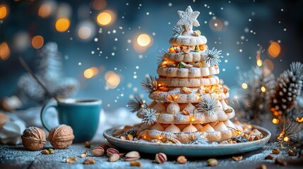 Wall Mural -   A cookie Christmas tree sits on a plate with a cup of coffee and a mug of coffee