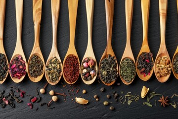 Poster - Assorted tea in wooden spoons on dark surface