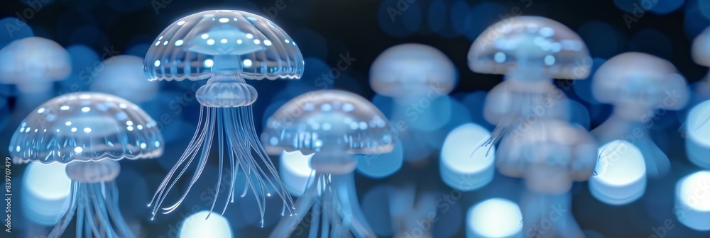 Bioluminescent underwater scene with jellyfish in mystical sea cave ...