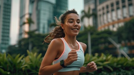 Wall Mural - Female athlete jogging through a city park filled with greenery and sunlight