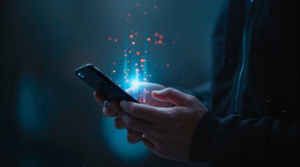 close up adult man hand hold smartphone to use affiliated marketing on web with virtual icon to anno