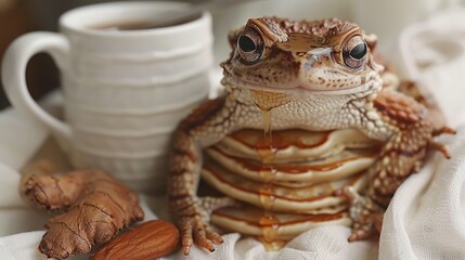   A lizard perched on a stack of pancakes, adjacent to a cup of coffee and a mound of almonds
