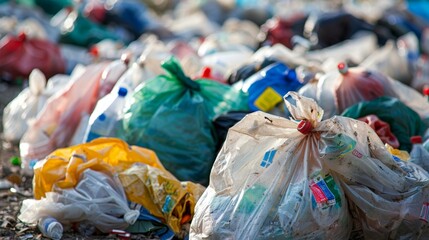 Wall Mural - A pile of trash bags, including plastic bags, are scattered on the ground