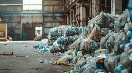 Wall Mural - A pile of plastic bottles and bags are stacked in a warehouse