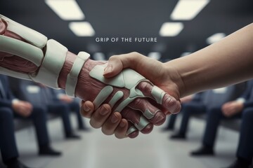 Sticker - Two people shaking hands with a robotic hand in the middle, AI