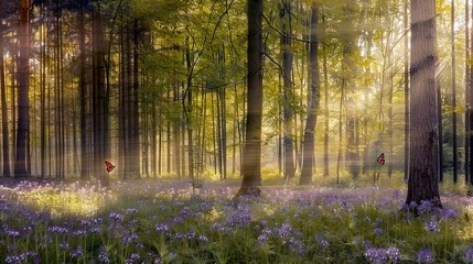 Wall Mural -   A lush forest brimming with multitudes of vibrant purple blooms adjoins a dense woodland teeming with verdant green foliage and purplish flora