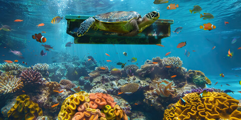 Coral Reef Inspiration Zone: A desk floating above a vibrant coral reef teeming with tropical fish and sea turtles. 