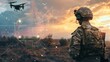 © top images - A man in a military uniform is standing in a field with a drone flying overhead, profession military drone operator