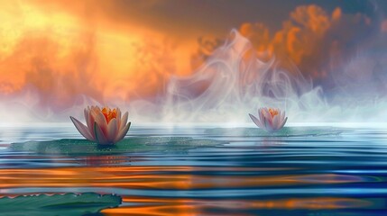 Wall Mural -   Two water lilies float atop a tranquil lake beneath an orange-blue sky adorned with fluffy clouds