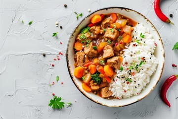 Cooked rice with soy meat and vegetables on gray background vegan diet food Selective focus horizontal